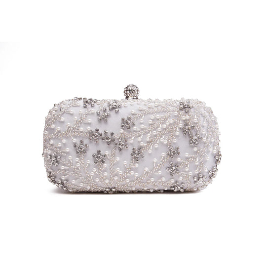 White Embellished Shell Floral Clutch