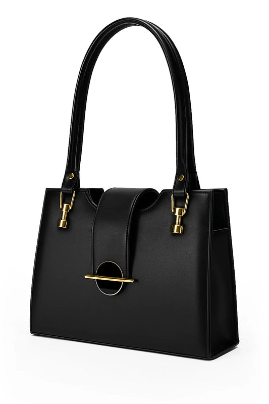 Black Structured Handbag with Gold-Tone Hardware